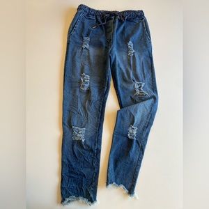 Drawstring ripped denim jeans